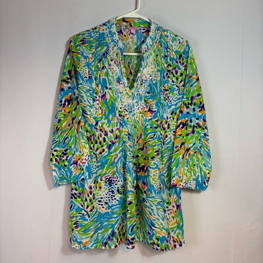 Lilly Pulitzer Colorful Patterned Beaded Tunic Size Small S0371